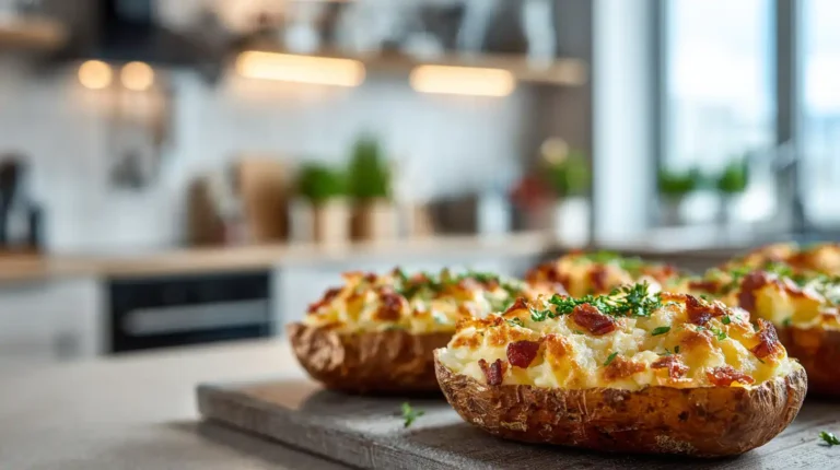 Crispy baked potato skins filled with melted cheese and herbs on a wooden board in a bright kitchen setting.