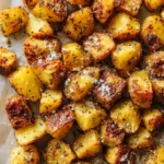 Crispy roasted potato cubes coated in herbs and Parmesan scattered on a baking sheet.