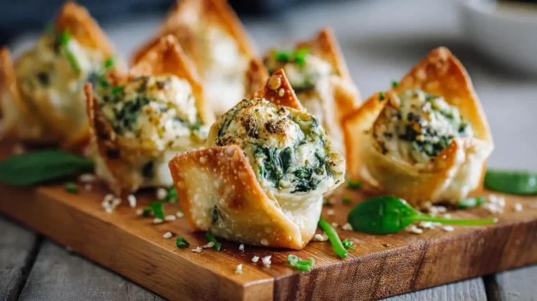 Crispy spinach artichoke wonton cups arranged on a wooden board with golden edges and creamy filling.