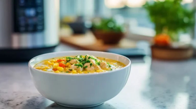Warm bowl of chicken and sweet corn soup topped with fresh herbs on a marble counter.