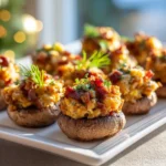 Cheddar & Turkey Bacon Holiday Stuffed Mushrooms 3 Turkey bacon and cheddar stuffed mushrooms on a serving tray with bright natural light and holiday greenery.