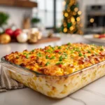 A golden corn and cream cheese casserole topped with peppers and scallions in a glass dish with a softly lit Christmas backdrop.