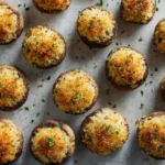 Classic Christmas Stuffed Mushrooms 3 Top-down view of evenly arranged stuffed mushrooms with golden breadcrumb tops sprinkled with herbs on a light surface.