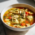 A close-up bowl of chicken tortellini soup with tender chicken, carrots, and herbs in warm light.