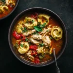 Top-down view of Tuscan chicken tortellini soup with shredded chicken, tomatoes, tortellini, and fresh herbs in a dark bowl.