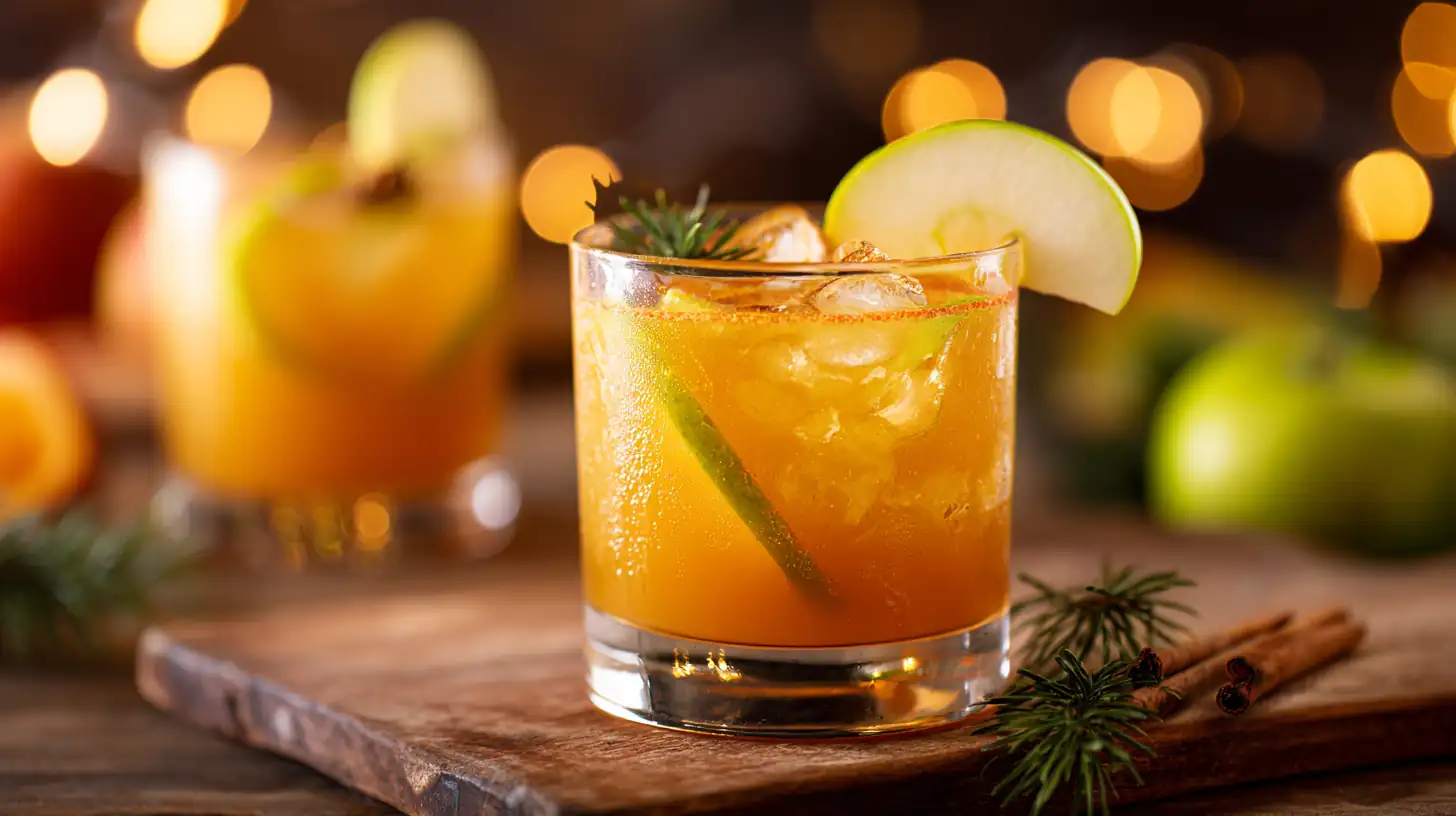 Holiday Apple Cider Ginger Mocktail 2 Glass of apple cider ginger mocktail with ice, apple slice, and cinnamon on a wooden board with warm holiday lights in the background.
