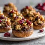 Stuffed mushrooms topped with cranberries and walnuts on a plate, styled in soft natural light.