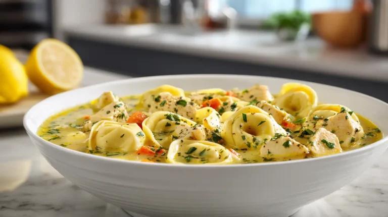 Close-up bowl of lemon chicken tortellini soup with carrots, herbs, and tender chicken pieces in warm natural light.