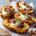 Four crispy potato skins topped with creamy dollops and herbs on parchment over a wooden board.