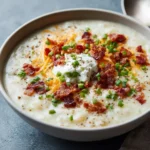 Close-up bowl of creamy potato soup topped with turkey bacon, cheddar, chives, and a dollop of sour cream.
