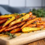 A pile of roasted baby carrots with golden maple glaze and chopped thyme on a wooden board.
