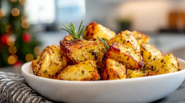 Golden roasted potato wedges with herbs in a white bowl, with soft Christmas lights blurred in the background.