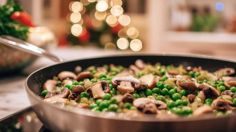 Skillet of peas and sautéed mushrooms in a warm kitchen with soft Christmas lights glowing in the background.