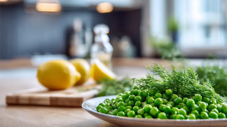 Plate of bright green peas topped with fresh dill on a wooden countertop with lemons in the blurred background.
