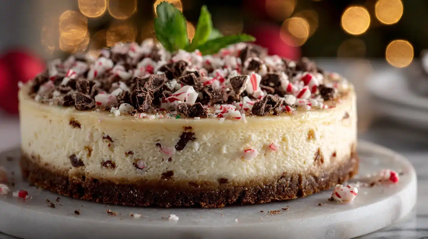 Peppermint Bark Cheesecake 2 Creamy peppermint bark cheesecake topped with crushed chocolate and candy canes on a marble platter with soft holiday lights.