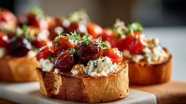 Close-up of toasted crostini topped with whipped goat cheese, blistered roasted grapes, and fresh thyme on a wooden board.