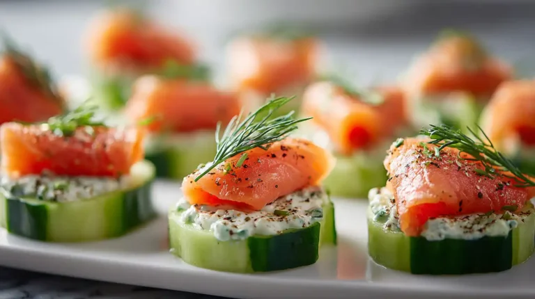 Creamy dill–topped cucumber slices with folded smoked salmon and fresh dill arranged on a white platter.