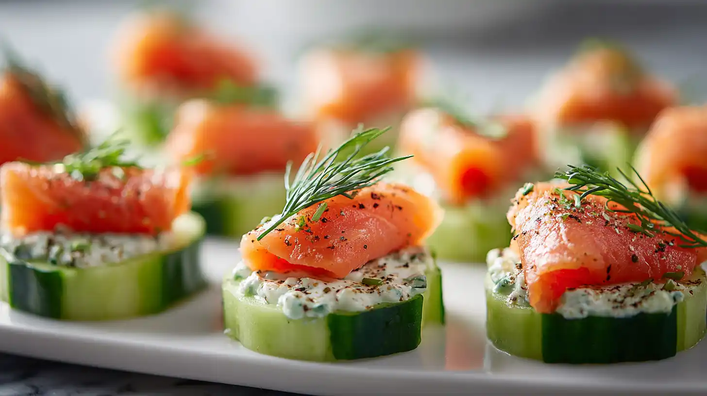 Creamy dill–topped cucumber slices with folded smoked salmon and fresh dill arranged on a white platter.