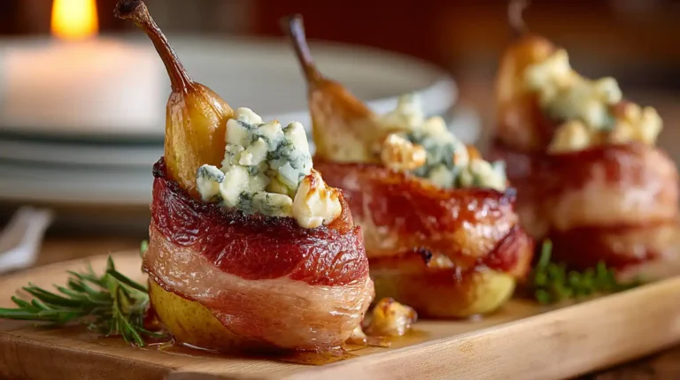 Pear halves wrapped in smoked turkey and topped with blue cheese crumbles on a wooden board with warm lighting.