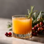 Holiday Apple Cider Ginger Mocktail 3 Apple cider ginger mocktail in a clear glass with rosemary garnish, surrounded by cranberries and soft holiday greenery.