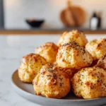 Plate of golden Parmesan and black pepper gougères stacked in a modern kitchen setting.