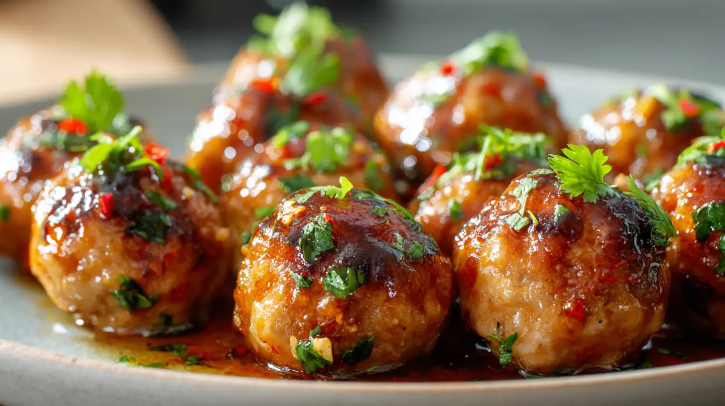 Close-up of sweet chili–glazed chicken meatballs topped with fresh herbs and resting in a glossy sauce.