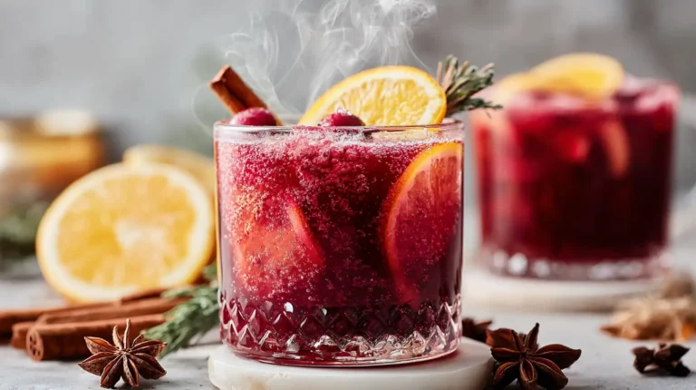 Warm glass of cranberry punch with orange slices, cranberries, and a cinnamon stick, steaming on a winter-themed surface.