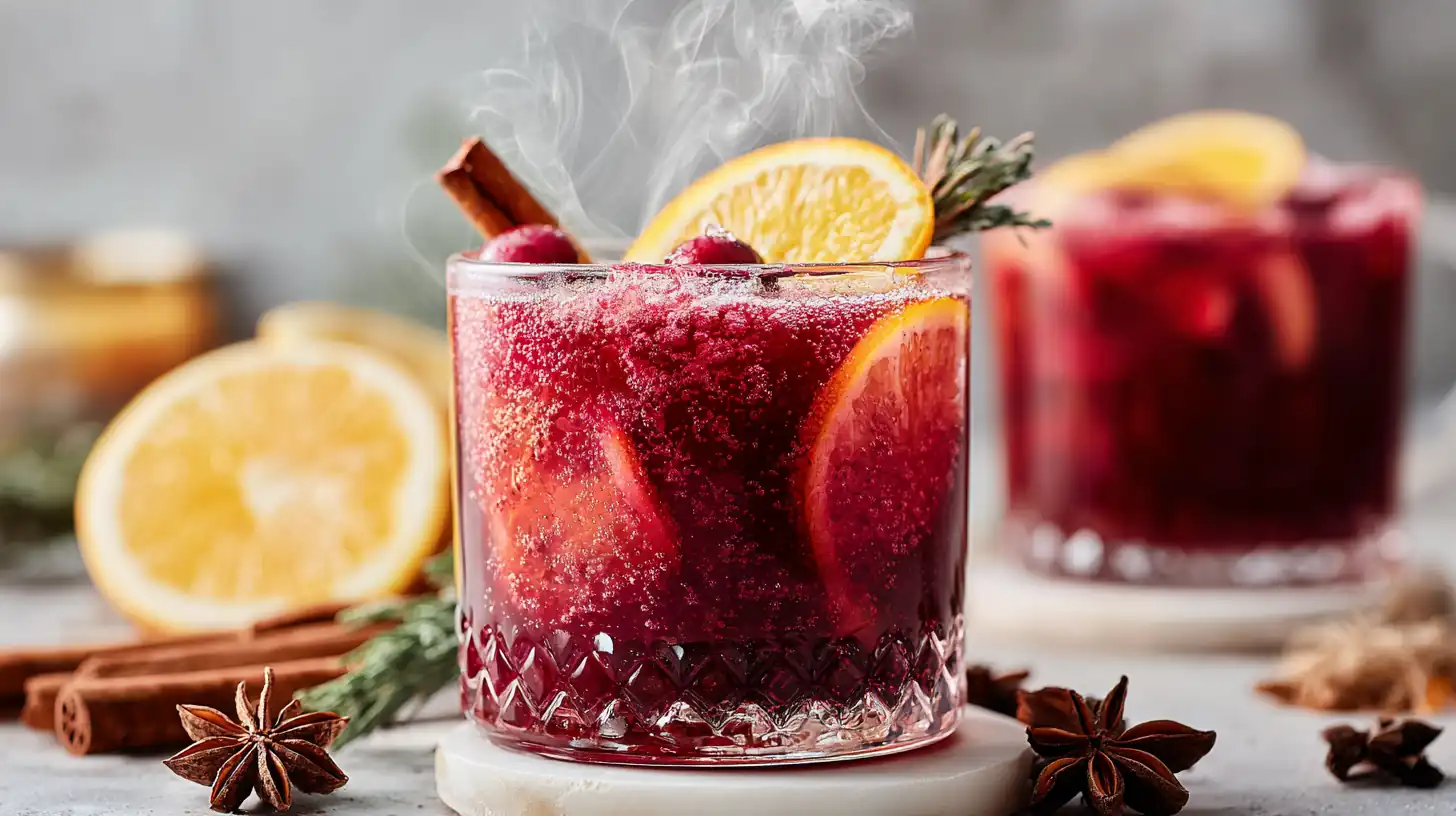 Warm glass of cranberry punch with orange slices, cranberries, and a cinnamon stick, steaming on a winter-themed surface.
