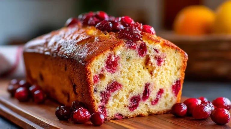 Cranberry orange loaf on a wooden board with glossy cranberries on top and a moist, bright crumb visible.