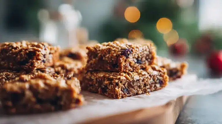 Close-up of soft gingerbread oat bars on parchment with warm holiday lights blurred in the background.