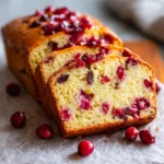 Sliced cranberry orange loaf with visible cranberries and soft texture, arranged on parchment with scattered berries.