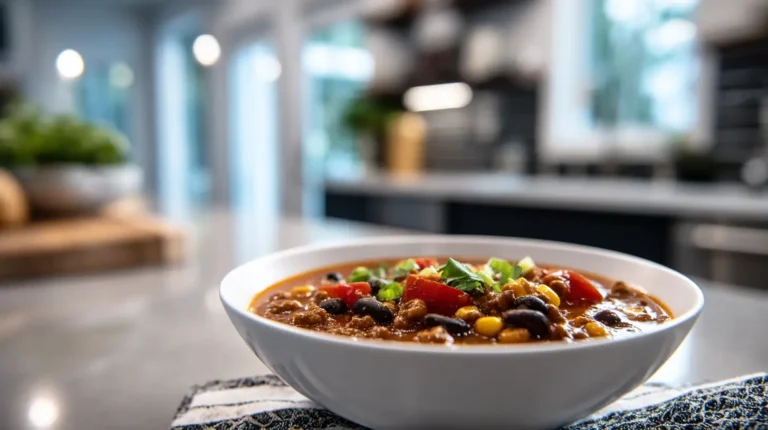 Bowl of taco soup with beans, corn, and tomatoes on a kitchen counter in soft natural light.