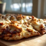Sliced BBQ chicken flatbread pizza with melted cheese and caramelized barbecue sauce on a wooden cutting board in warm light.