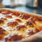 BBQ meatballs baked in a white casserole dish with melted cheese and glossy sauce, fresh from the oven on a kitchen counter