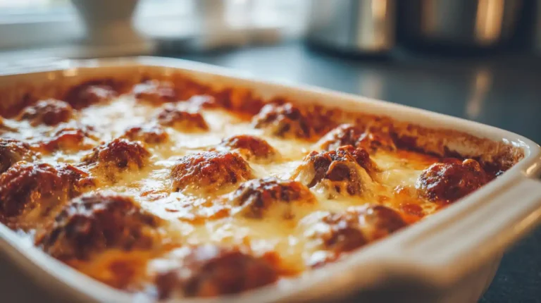 BBQ meatballs baked in a white casserole dish with melted cheese and glossy sauce, fresh from the oven on a kitchen counter