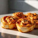 Baked buffalo chicken pinwheels with crisp edges and creamy filling arranged on a white countertop.