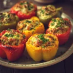 Buffalo Chicken Stuffed Bell Peppers 3 Baked buffalo chicken stuffed bell peppers garnished with parsley on a rustic plate