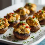 Cajun Crab-Stuffed Mushrooms 3 Baked crab-stuffed mushrooms sprinkled with herbs and red pepper on a rectangular serving platter.