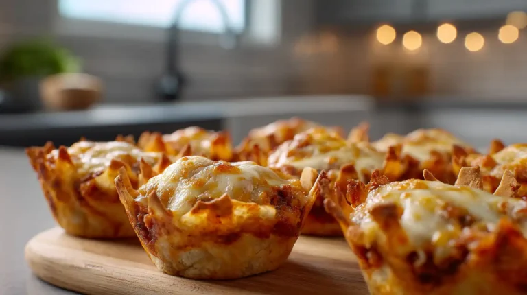 Close-up of cheesy taco cups with crispy wonton edges and melted cheese on a wooden board in a bright kitchen.