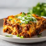 Slice of beef enchilada casserole on a white plate topped with sour cream and chopped green onions.