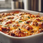 Cheesy beef enchilada casserole baked in a white ceramic dish with melted cheese and sauce on top.