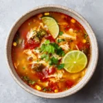 Top-down view of chicken tortilla soup with shredded chicken, tomatoes, corn, jalapeño, cilantro, and lime slices in a rustic bowl.