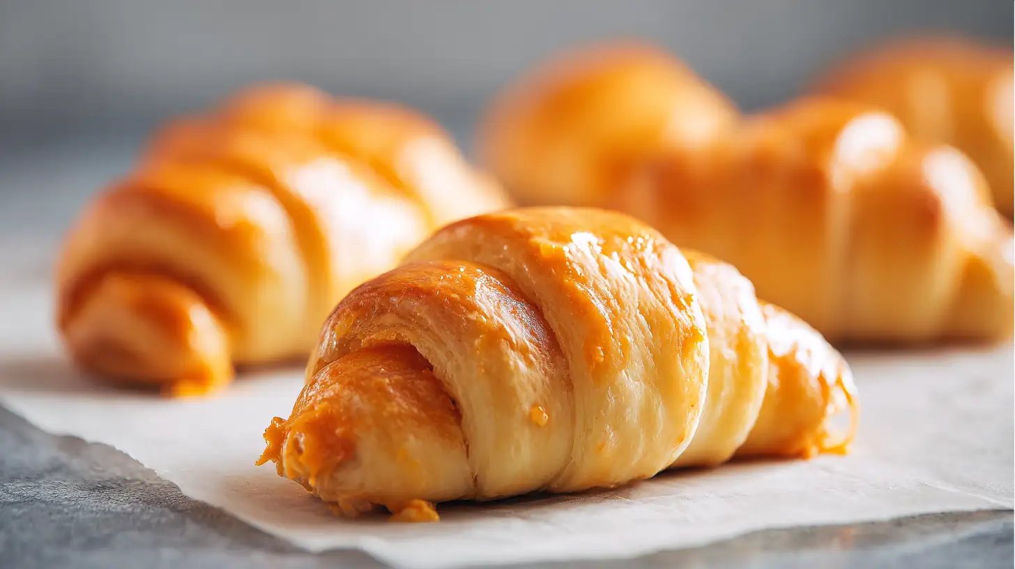 Buffalo Chicken Crescent Rolls 2 Golden buffalo chicken crescent rolls with a glossy buttery crust resting on parchment paper in soft natural light.