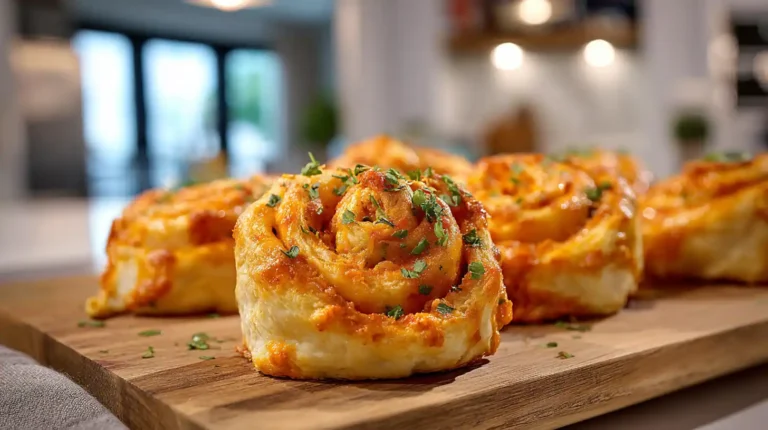 Golden buffalo chicken pinwheels sliced thick and garnished with herbs on a wooden board in a bright kitchen.