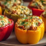 Buffalo chicken stuffed bell peppers with melted cheese and herbs served on a white plate