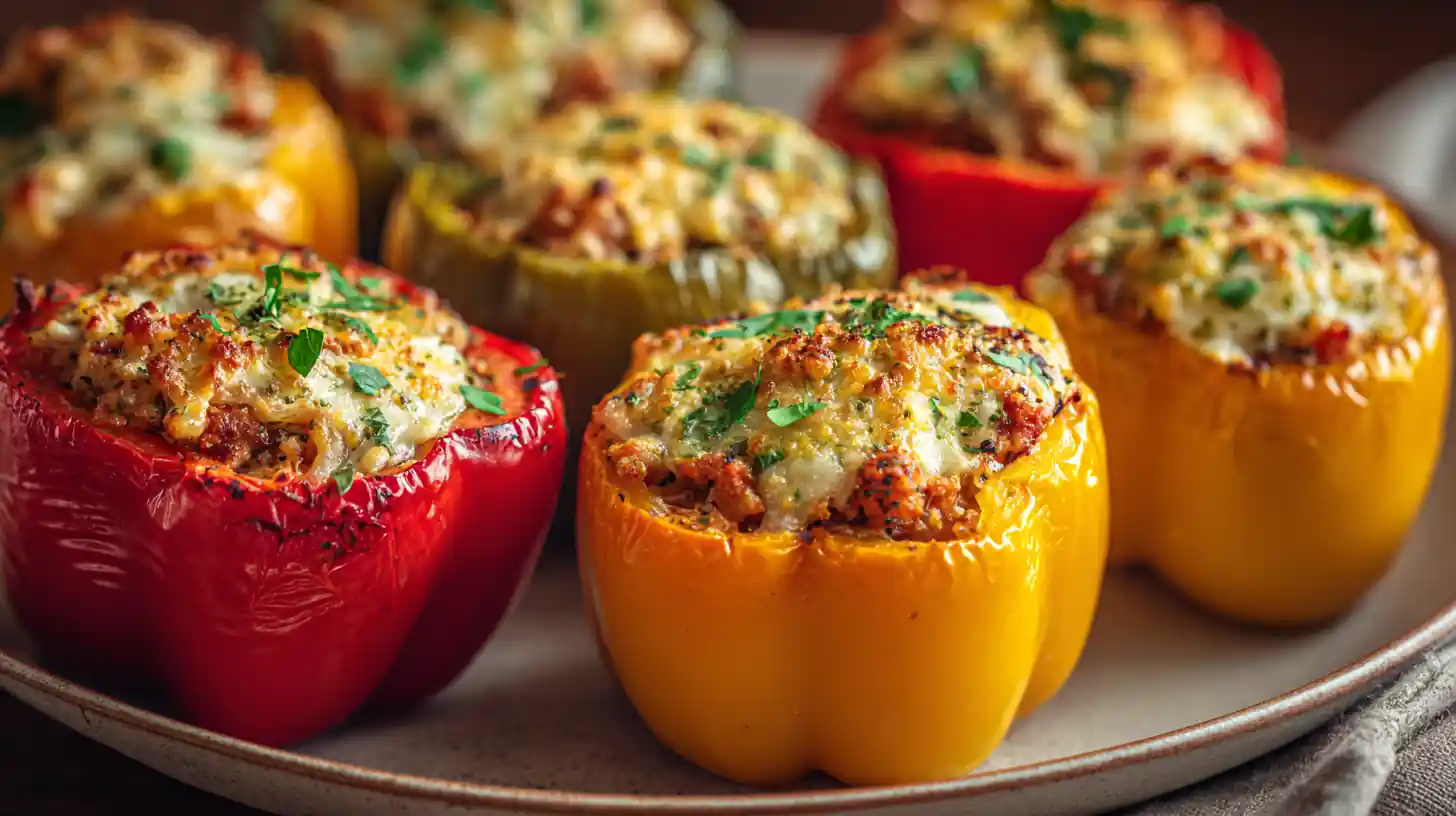 Buffalo Chicken Stuffed Bell Peppers 2 Buffalo chicken stuffed bell peppers with melted cheese and herbs served on a white plate