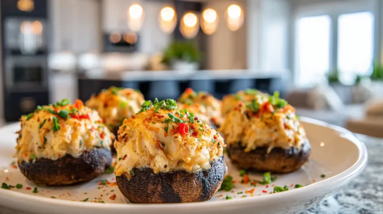 Golden crab-stuffed mushrooms topped with herbs and diced peppers on a white plate in a bright modern kitchen.