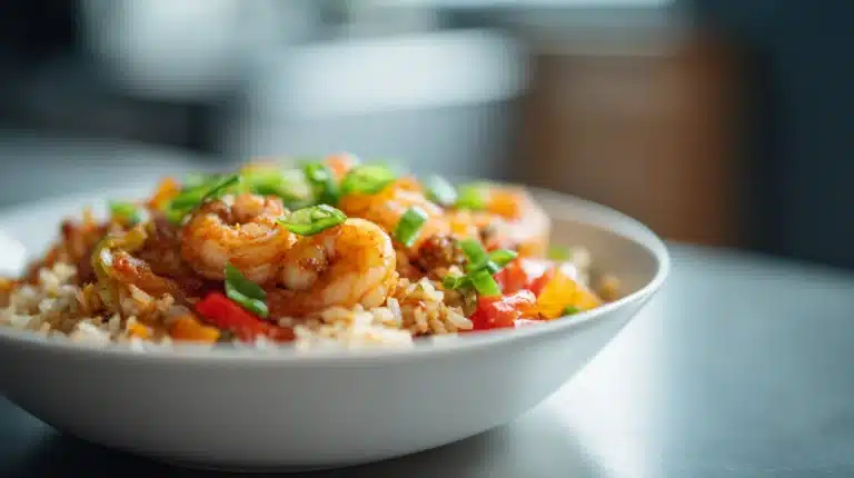 Cajun-seasoned shrimp served over rice with colorful bell peppers and corn in a white bowl on a kitchen counter
