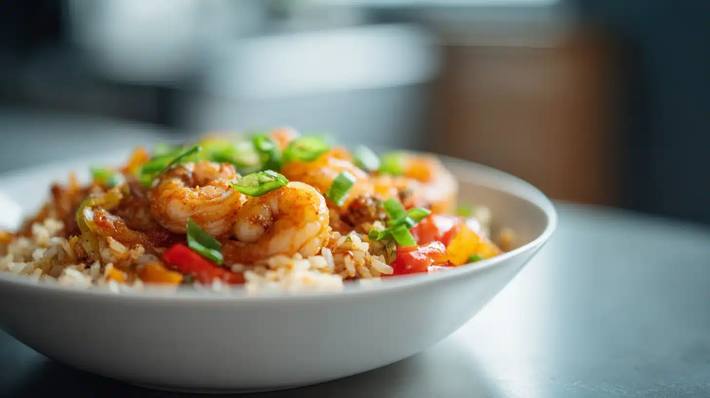 Cajun Shrimp Rice Bowl 2 Cajun-seasoned shrimp served over rice with colorful bell peppers and corn in a white bowl on a kitchen counter