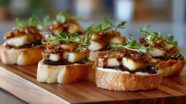 Close-up of toasted baguette rounds topped with melted brie, caramelized pear pieces, dark glossy sauce, and fresh microgreens.